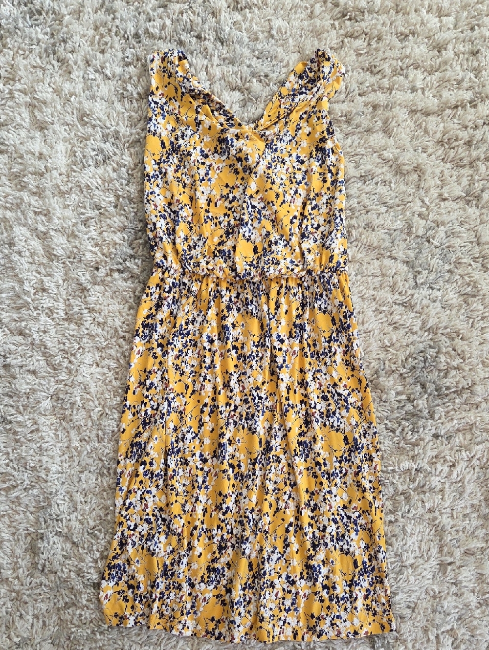 Kaileigh Yellow Floral V-Neck Sleeveless Midi Dress with Navy & White Accents